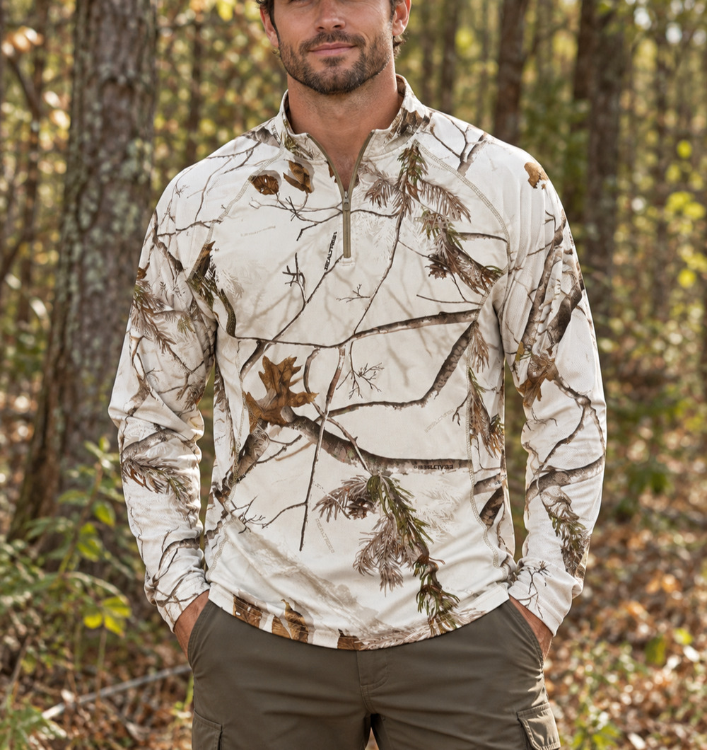 Realtree Mens XL 1/4 Zip Hunting Shirt White Brown Camo Long Sleeve